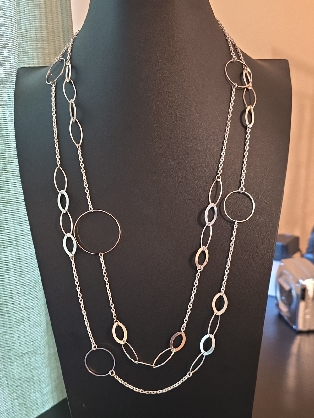 Elegant Long Silver Chain Necklace with Open Circle Links